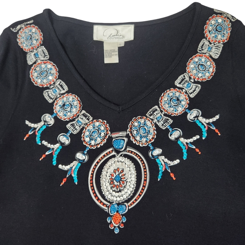 Diane's Essentials BohoChic Southwestern Beaded/Sequined Black Flowy Tunic L - Picture 2 of 8
